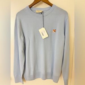 maison kitsune fox head patch light blue baby blue wool sweater unisex